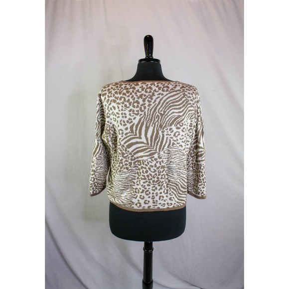Alfred Dunner Animal Print Sweater White Tan Sequins Size L - Picture 3 of 5